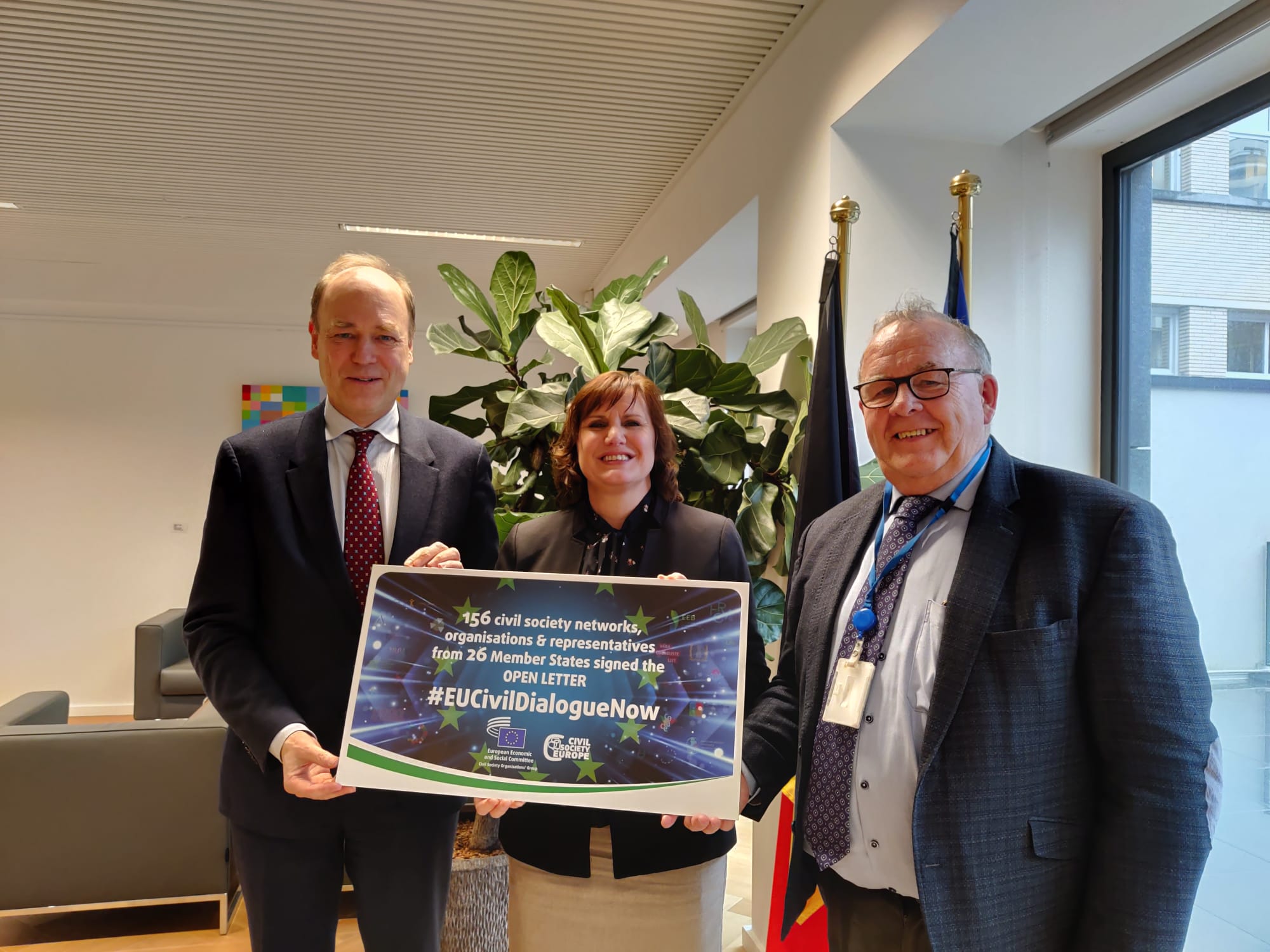 Meeting on the Open Letter (29/02/2024).  From left to right: Ambassador Willem van de Voorde, Permanent Representation of Belgium to the EU, Gabriella Civico, President of Civil Society Europe and Séamus Boland, President of the Civil Society Organisations’ Group of the EESC